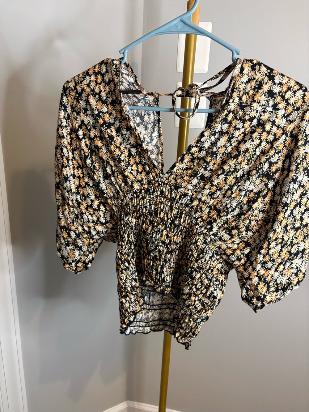 Final Touch Black and Yellow Daisy Smocked V-Neck Blouse